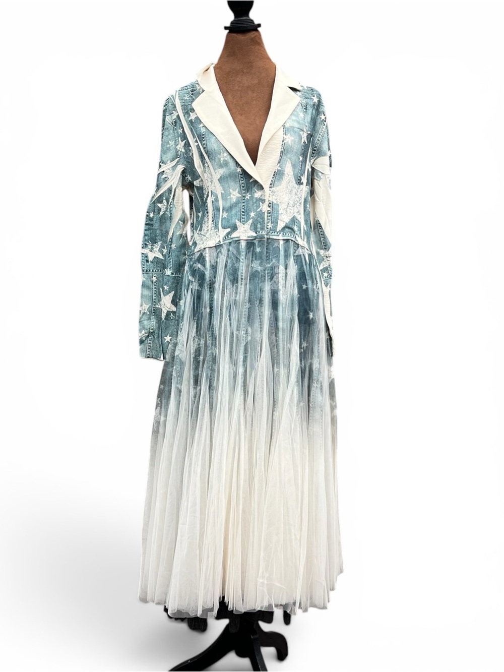 NWOT Star-Print Denim Blue and White Tulle Maxi Duster